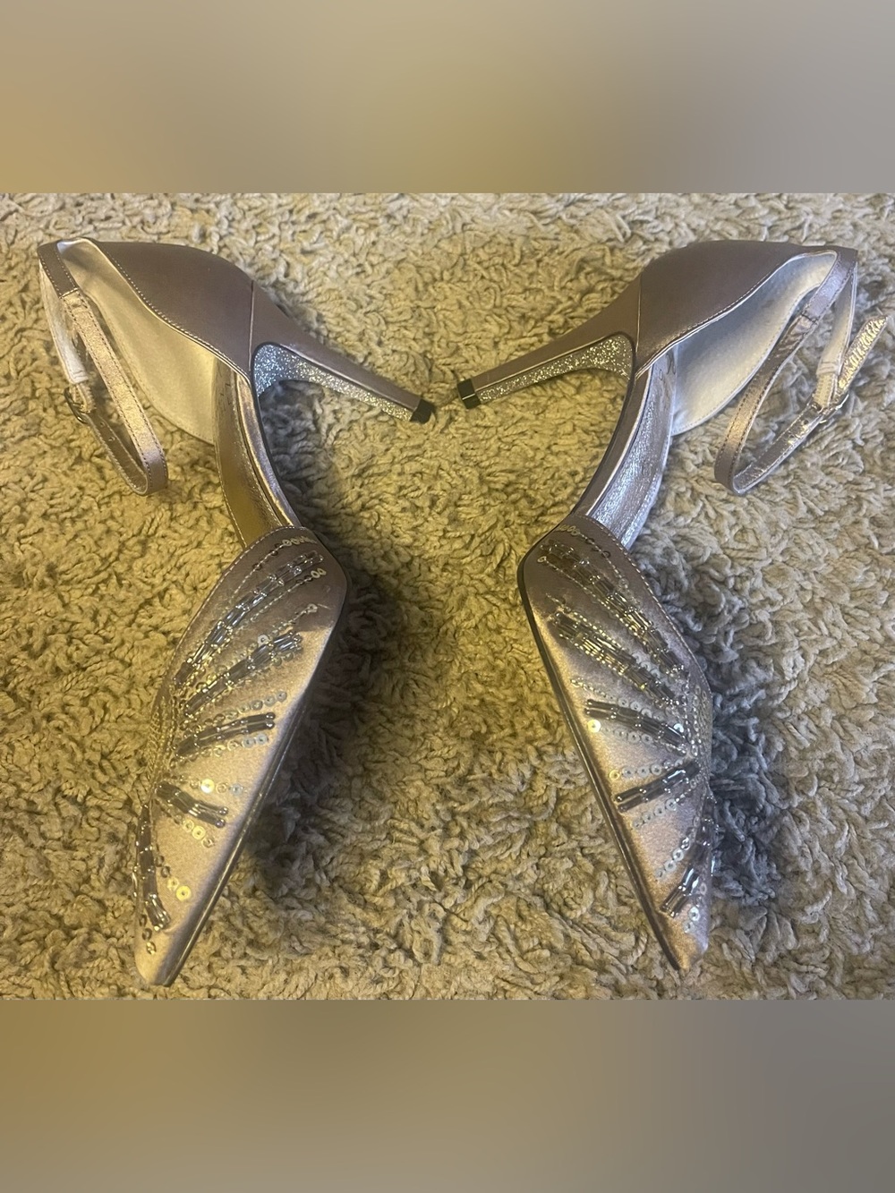 Adrianna Papell Platinum Glitter & Beaded Ankle Strap Heels | Size 7 | Like New